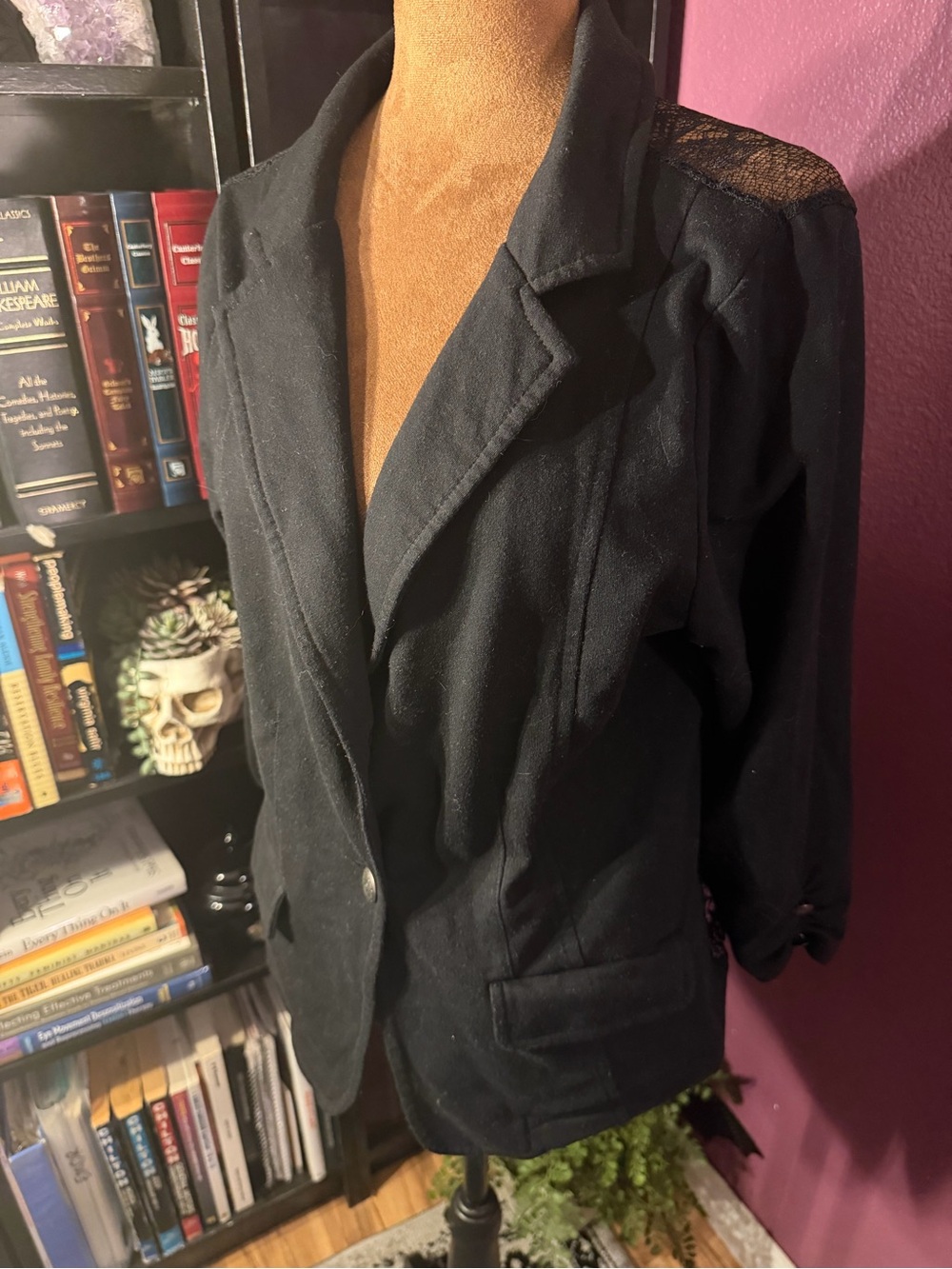 Wet Seal Black Women's Blazer Jacket with Lace Shoulder Detail